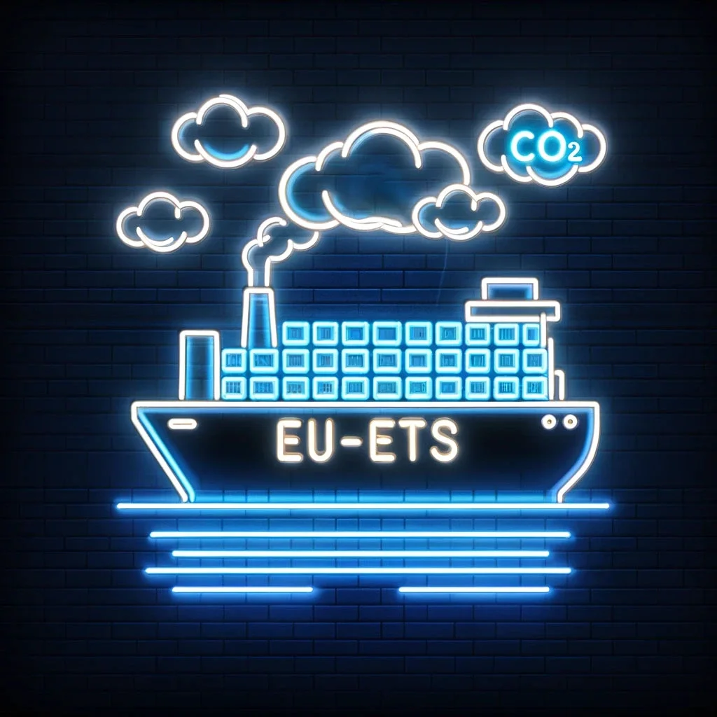 Schiff mit Wolken aus Schornstein im im Neon-Stil, der Schriftzug EU ETS auf dem Schiff, das Kürzel CO2 in einer Wolke Schiff mit Wolken aus Schornstein im im Neon-Stil, der Schriftzug EU ETS auf dem Schiff, das Kürzel CO2 in einer Wolke