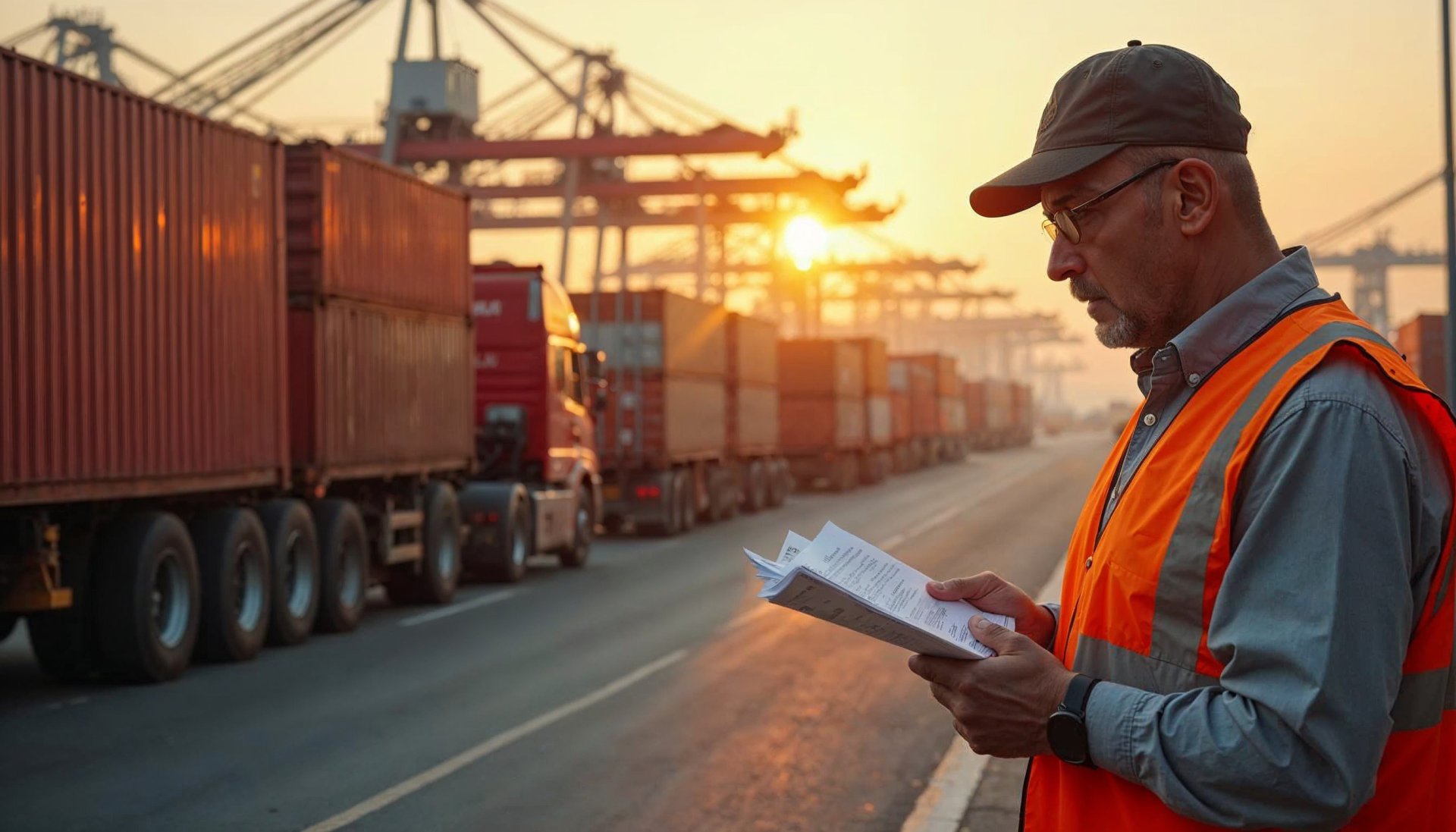 Logistikmanager in Warnweste prüft Dokumente vor einer Reihe von Containern und Lkw im Hafen