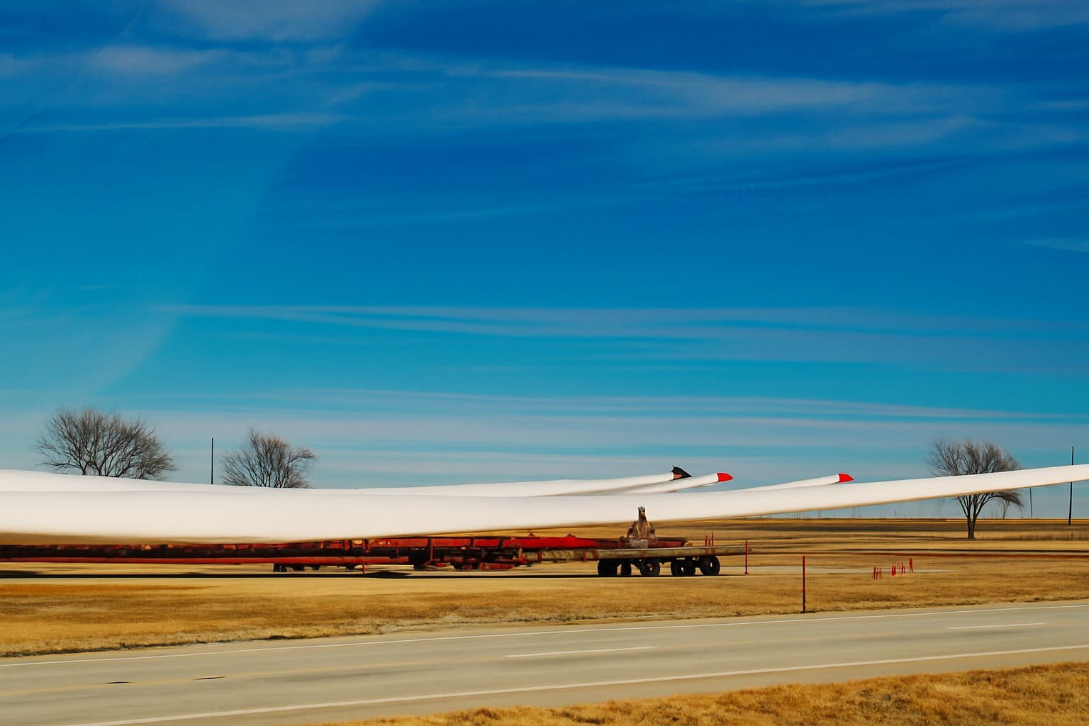 Transport eines Windradflügels auf teleskopierbarem Auflieger während eines Schwertransports Transport eines Windradflügels auf teleskopierbarem Auflieger während eines Schwertransports